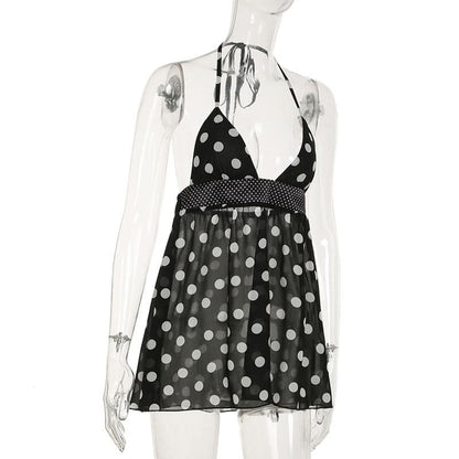 Halter v neck polka dot backless mini dress