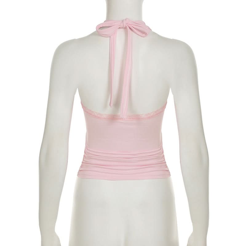 Halter embroidery bowknot lace hem top