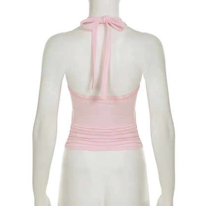 Halter embroidery bowknot lace hem top