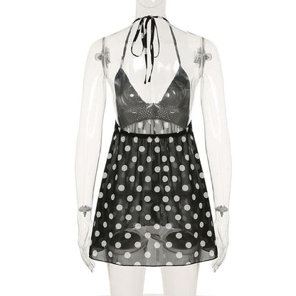 Halter v neck polka dot backless mini dress