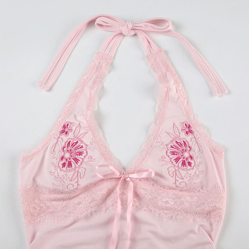 Halter embroidery bowknot lace hem top