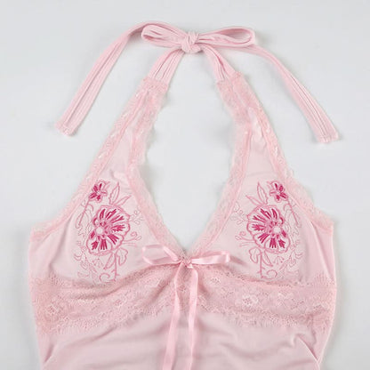 Halter embroidery bowknot lace hem top