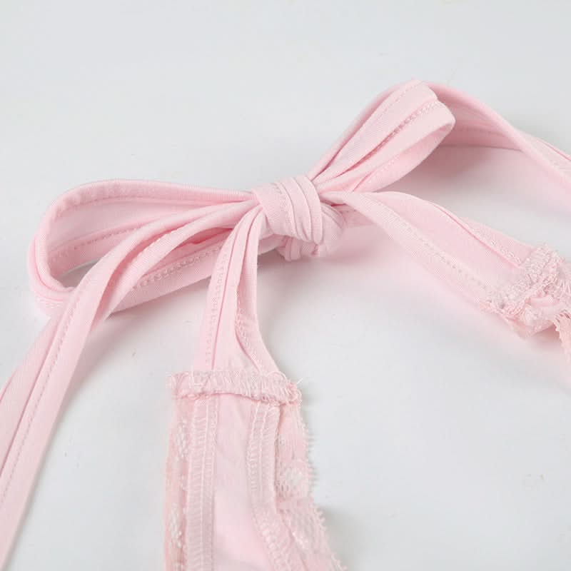 Halter embroidery bowknot lace hem top