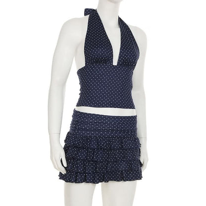 Halter v neck polka dot ruffle mini skirt set
