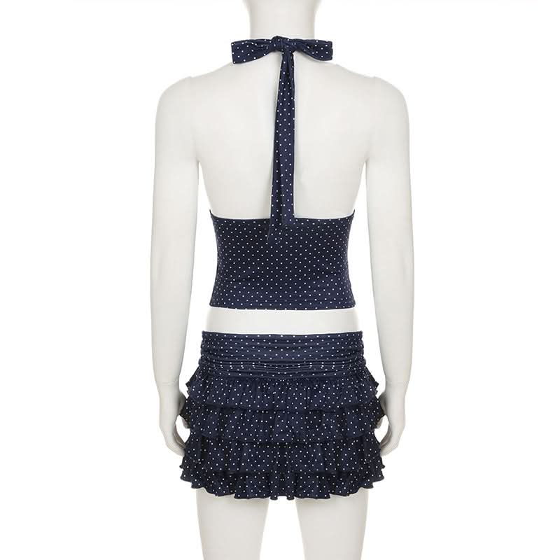 Halter v neck polka dot ruffle mini skirt set