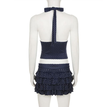 Halter v neck polka dot ruffle mini skirt set