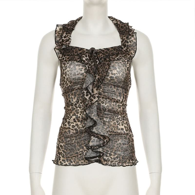 Halter ruffle leopard print backless top