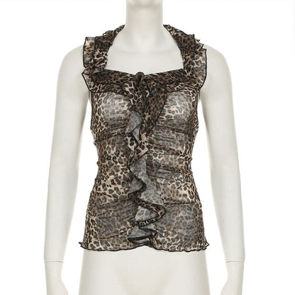 Halter ruffle leopard print backless top