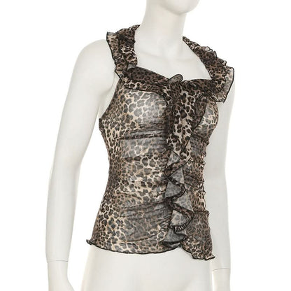 Halter ruffle leopard print backless top