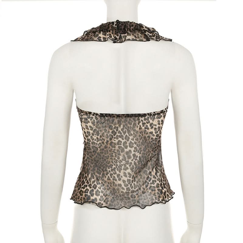 Halter ruffle leopard print backless top