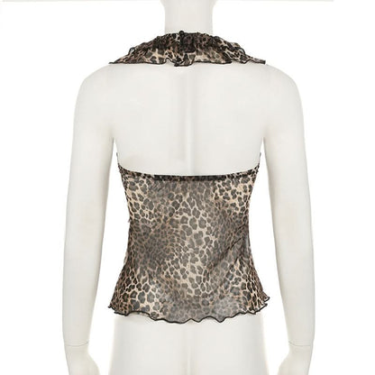 Halter ruffle leopard print backless top