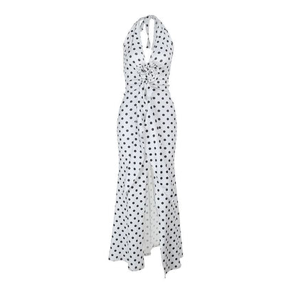 Halter v neck polka dot slit maxi dress