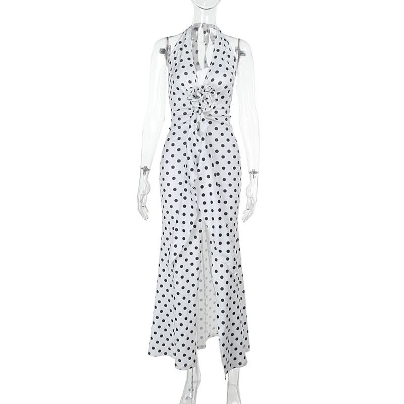 Halter v neck polka dot slit maxi dress