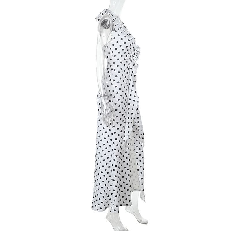 Halter v neck polka dot slit maxi dress