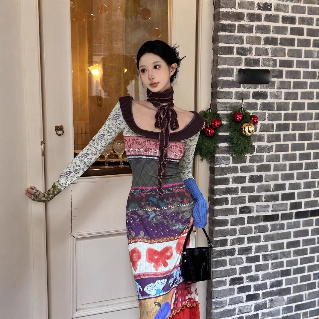 Long sleeve contrast bowknot print maxi dress