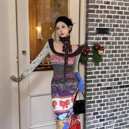 Long sleeve contrast bowknot print maxi dress