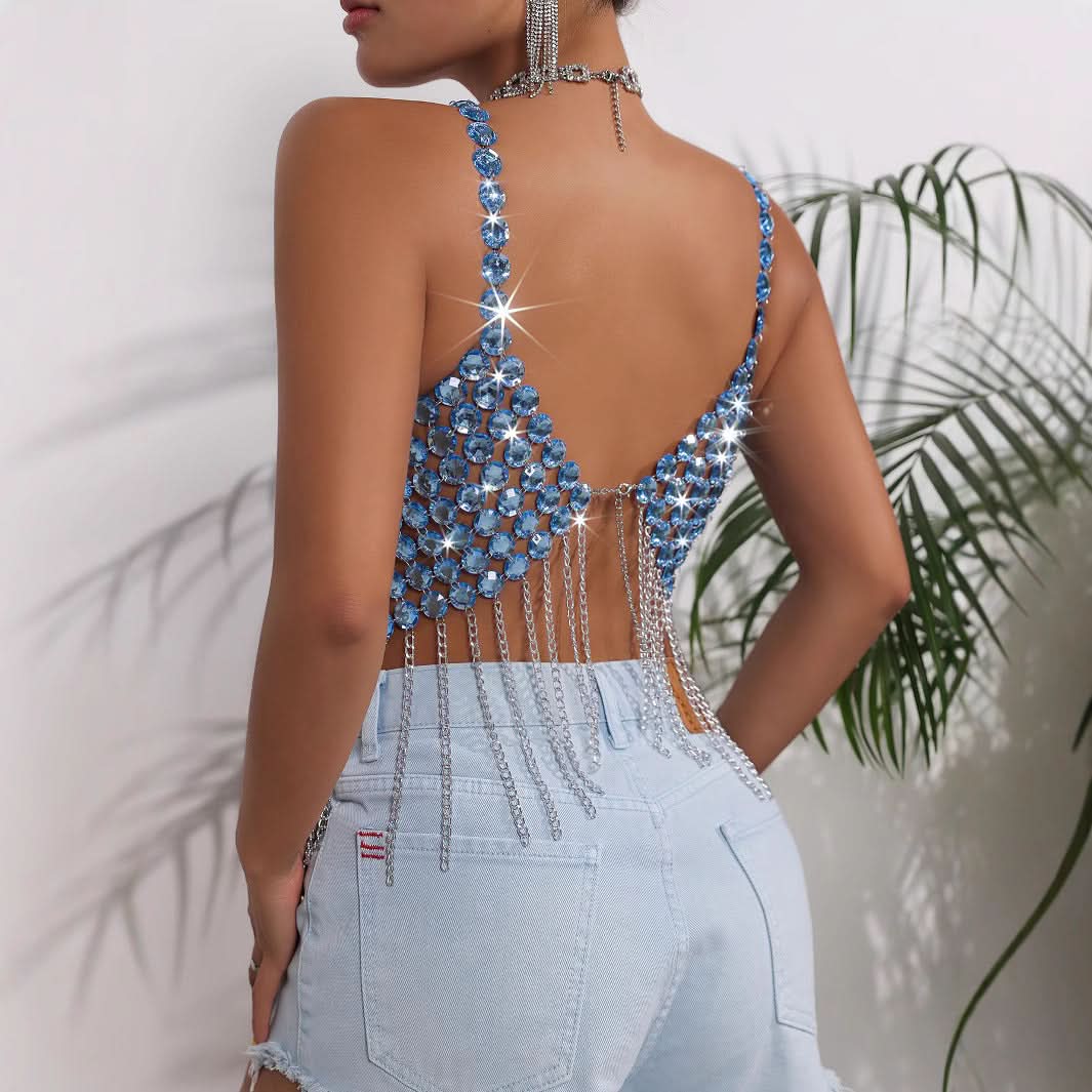 V neck tassels crystal hollow out cami cut out top