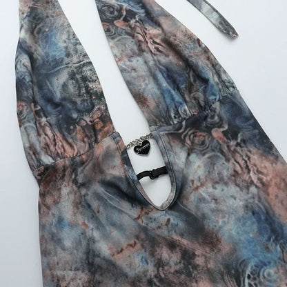 Halter v neck backless contrast maxi dress