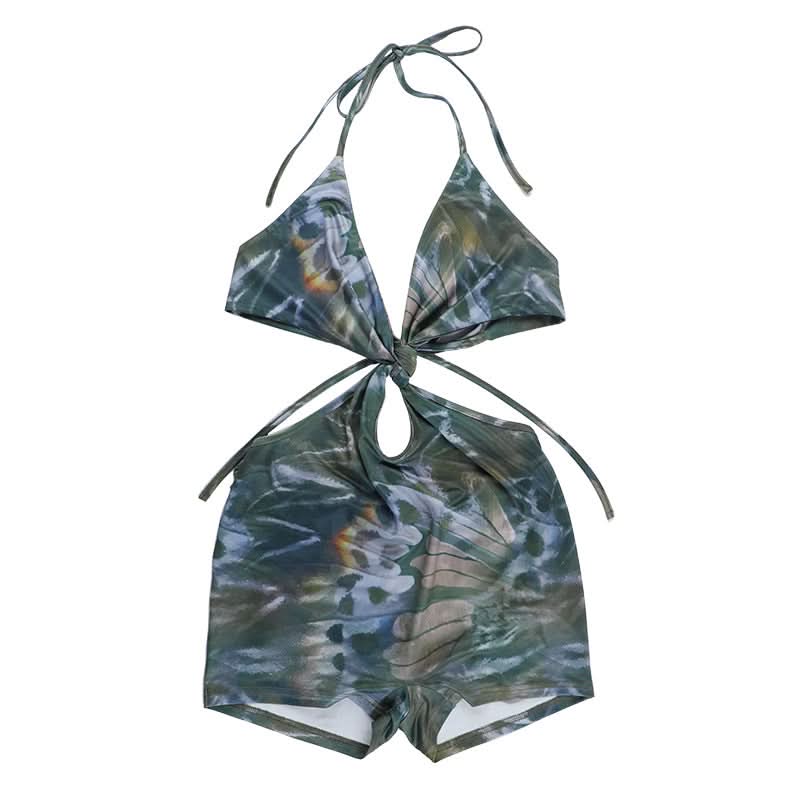 Halter v neck backless self tie contrast romper
