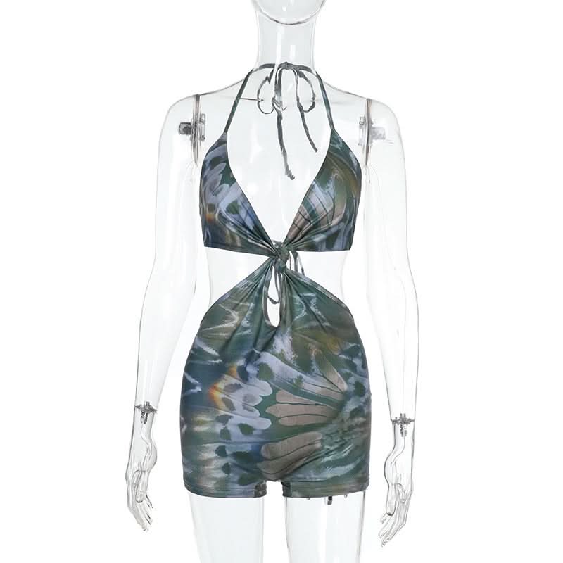 Halter v neck backless self tie contrast romper