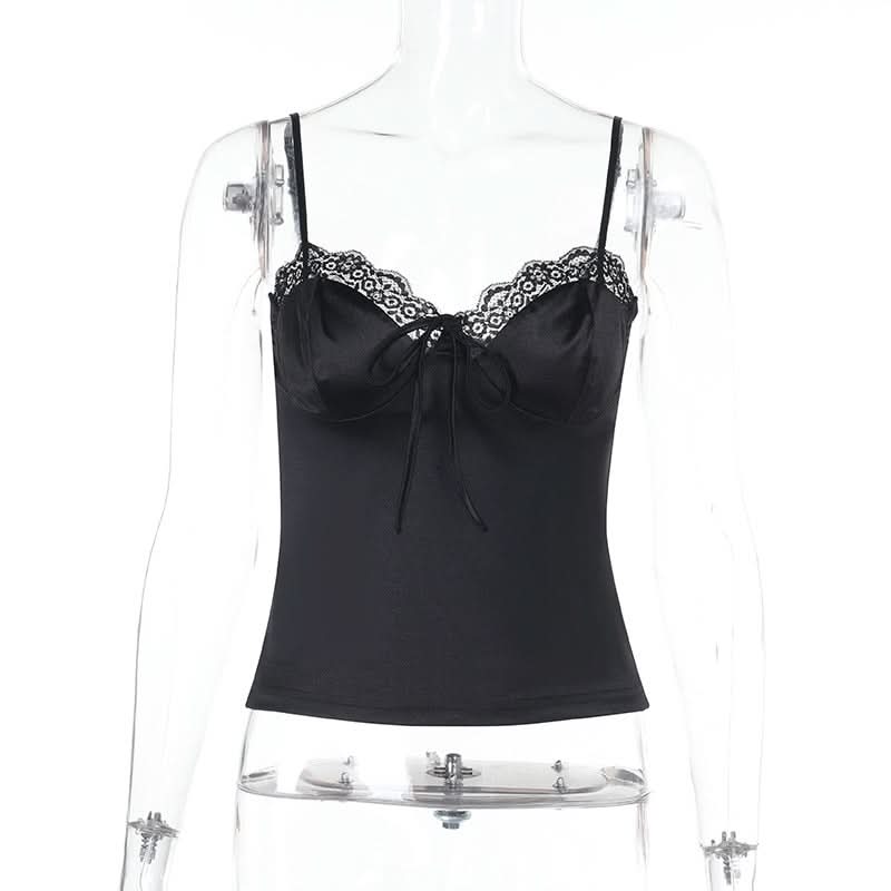 Lace hem satin bowknot cami top