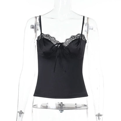 Lace hem satin bowknot cami top