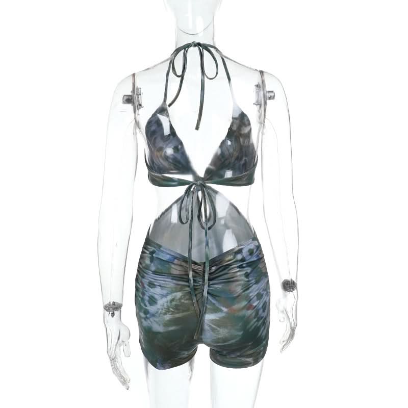 Halter v neck backless self tie contrast romper