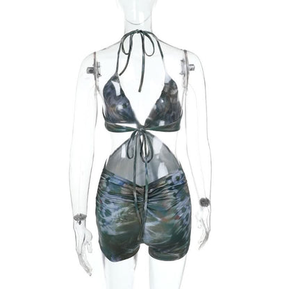 Halter v neck backless self tie contrast romper