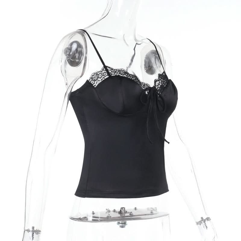 Lace hem satin bowknot cami top