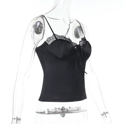 Lace hem satin bowknot cami top