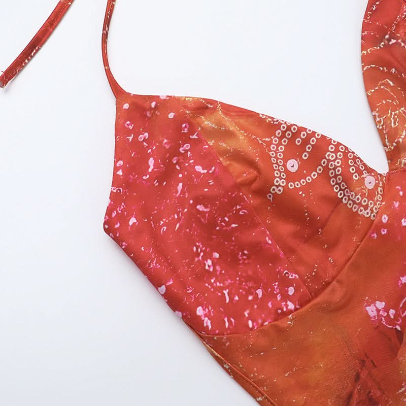 Halter v neck backless contrast maxi dress