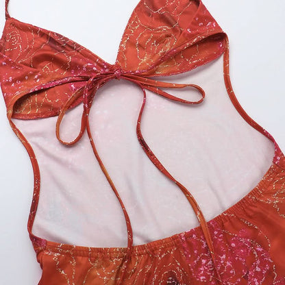 Halter v neck backless contrast maxi dress