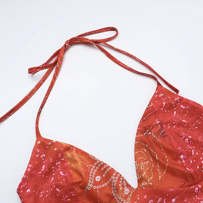 Halter v neck backless contrast maxi dress