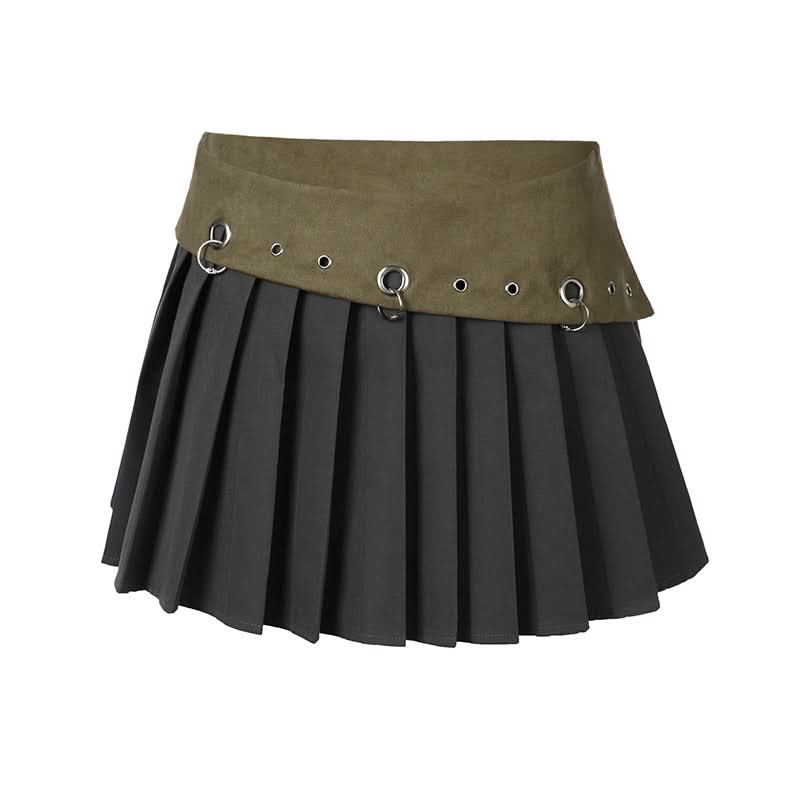 Pleated hollow out o ring zip-up A line cut out mini skirt