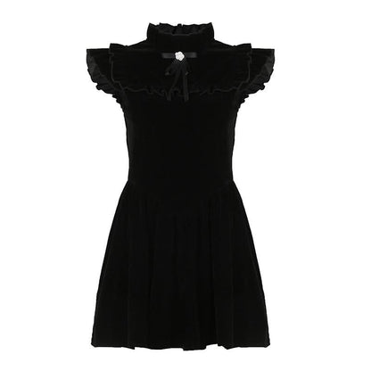 Ruffle bowknot cap sleeve zip-up velvet mini dress