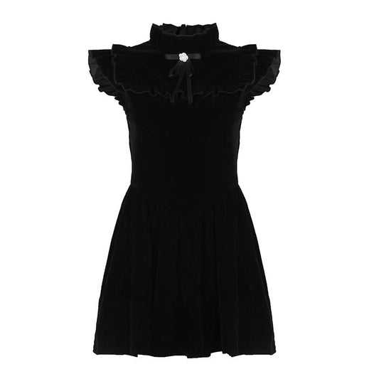 Ruffle bowknot cap sleeve zip-up velvet mini dress