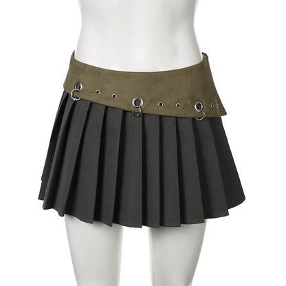 Pleated hollow out o ring zip-up A line cut out mini skirt