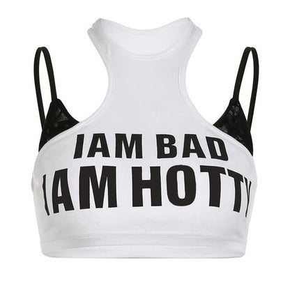 Crewneck hollow out letter pattern patchwork cut out top