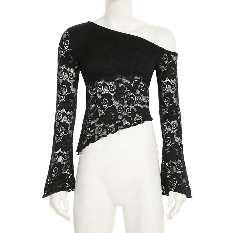 Irregular long sleeve lace one shoulder solid top