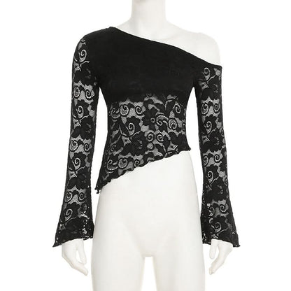Irregular long sleeve lace one shoulder solid top