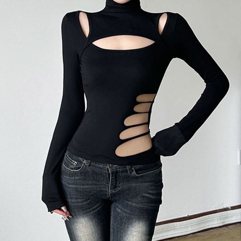 Hollow out long sleeve high neck irregular solid cut out top