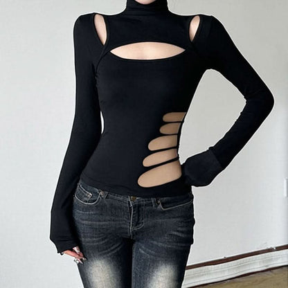 Hollow out long sleeve high neck irregular solid cut out top