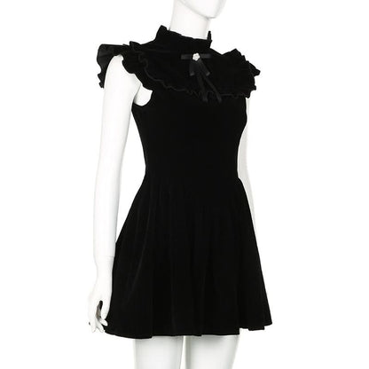 Ruffle bowknot cap sleeve zip-up velvet mini dress