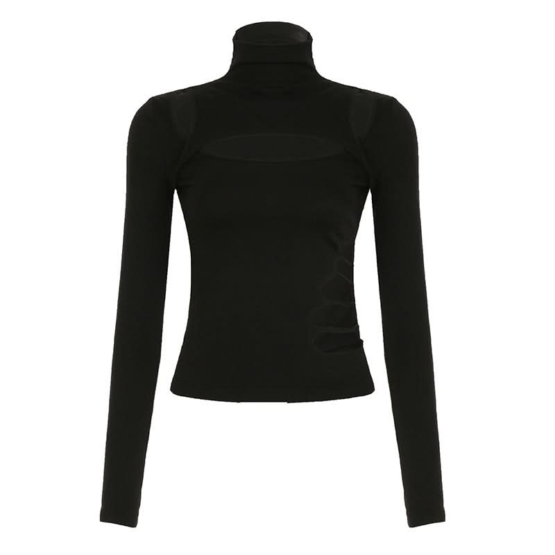 Hollow out long sleeve high neck irregular solid cut out top