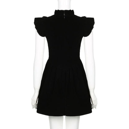 Ruffle bowknot cap sleeve zip-up velvet mini dress