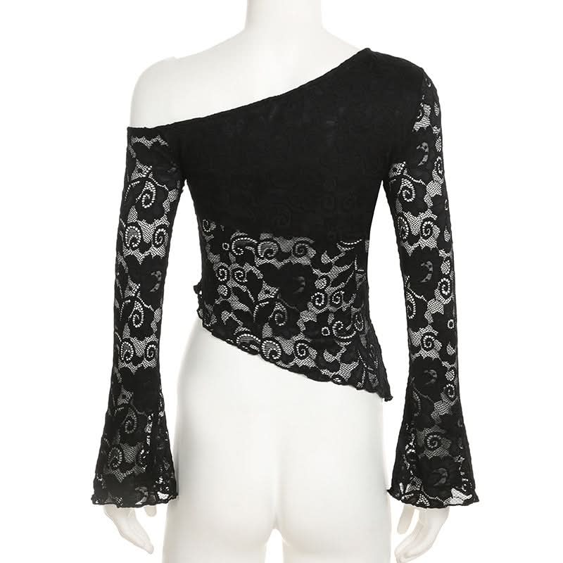 Irregular long sleeve lace one shoulder solid top