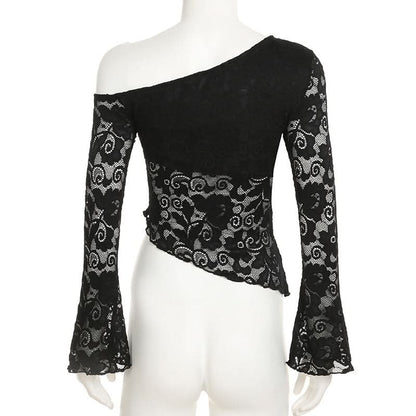 Irregular long sleeve lace one shoulder solid top