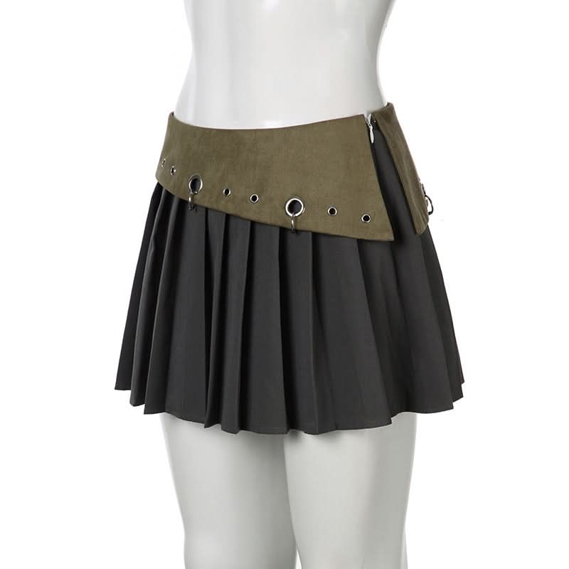 Pleated hollow out o ring zip-up A line cut out mini skirt