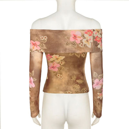 Off shoulder long sleeve flower print contrast top