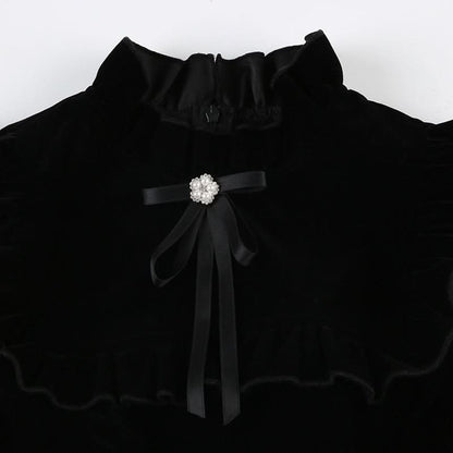 Ruffle bowknot cap sleeve zip-up velvet mini dress